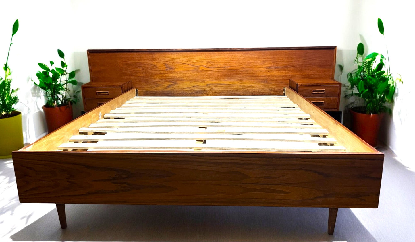 REFINISHED Mid Century Modern Teak Queen Bed w Nightstands
