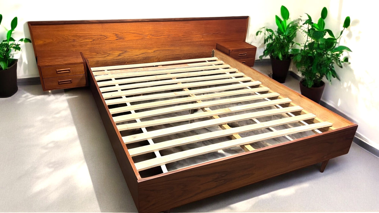 REFINISHED Mid Century Modern Teak Queen Bed w Nightstands