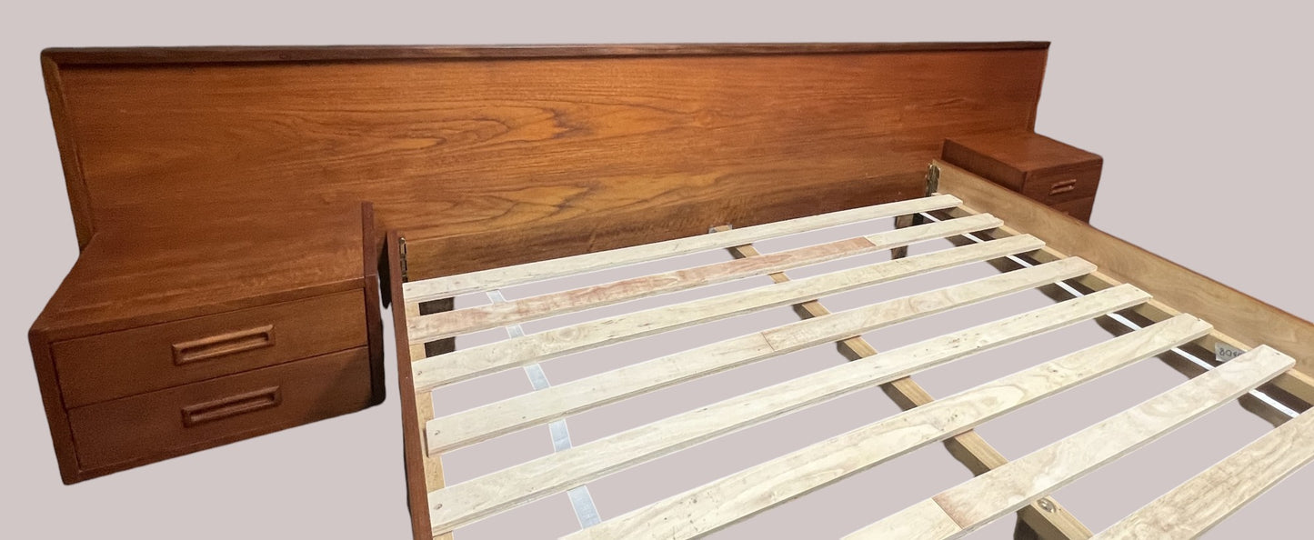 REFINISHED Mid Century Modern Teak Queen Bed w Nightstands