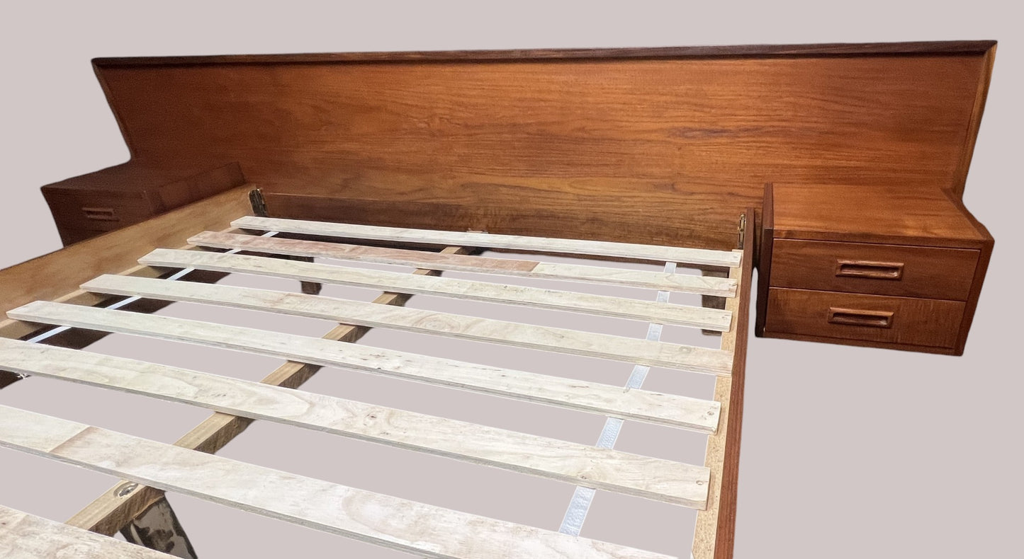 REFINISHED Mid Century Modern Teak Queen Bed w Nightstands
