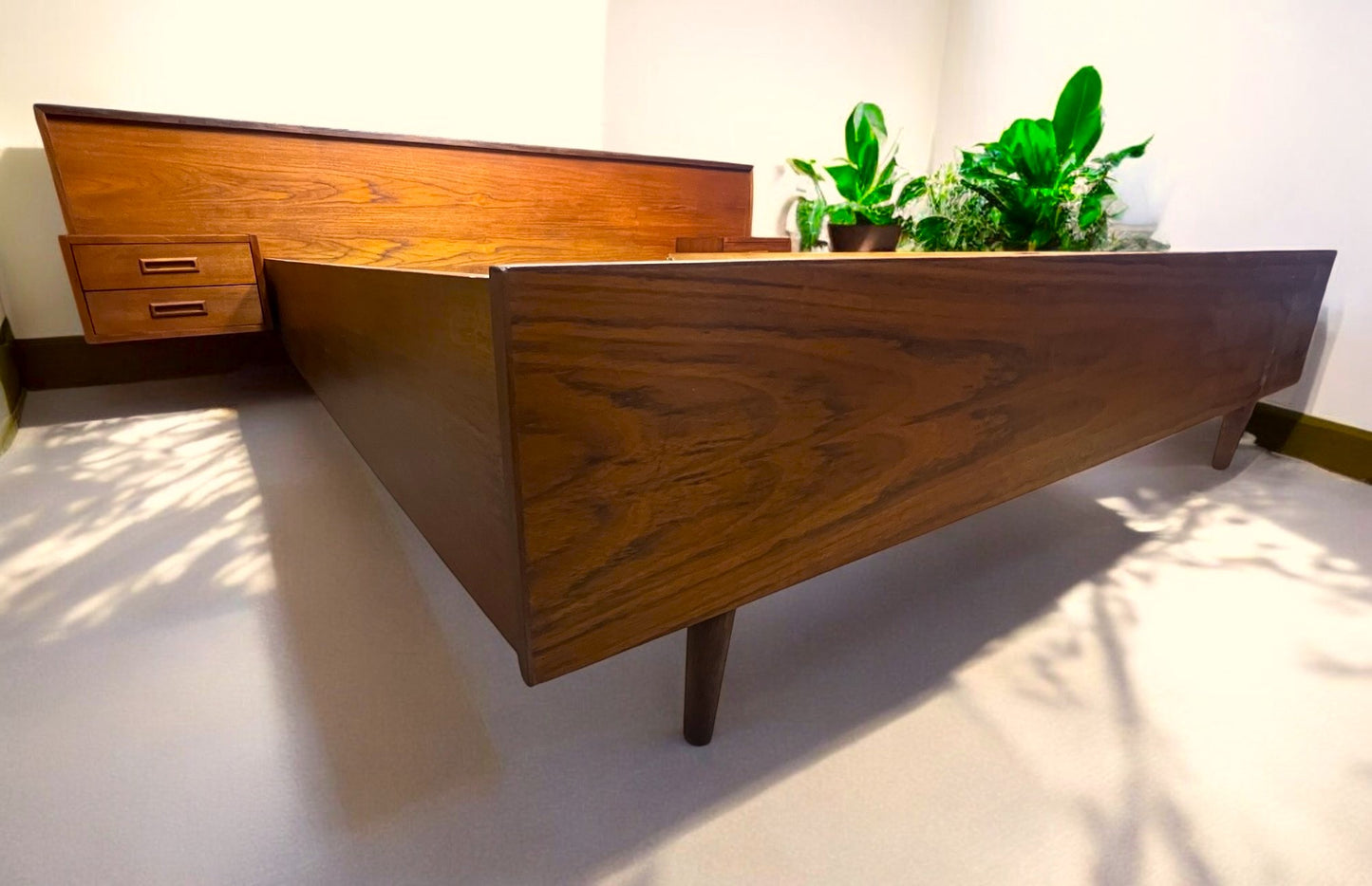 REFINISHED Mid Century Modern Teak Queen Bed w Nightstands