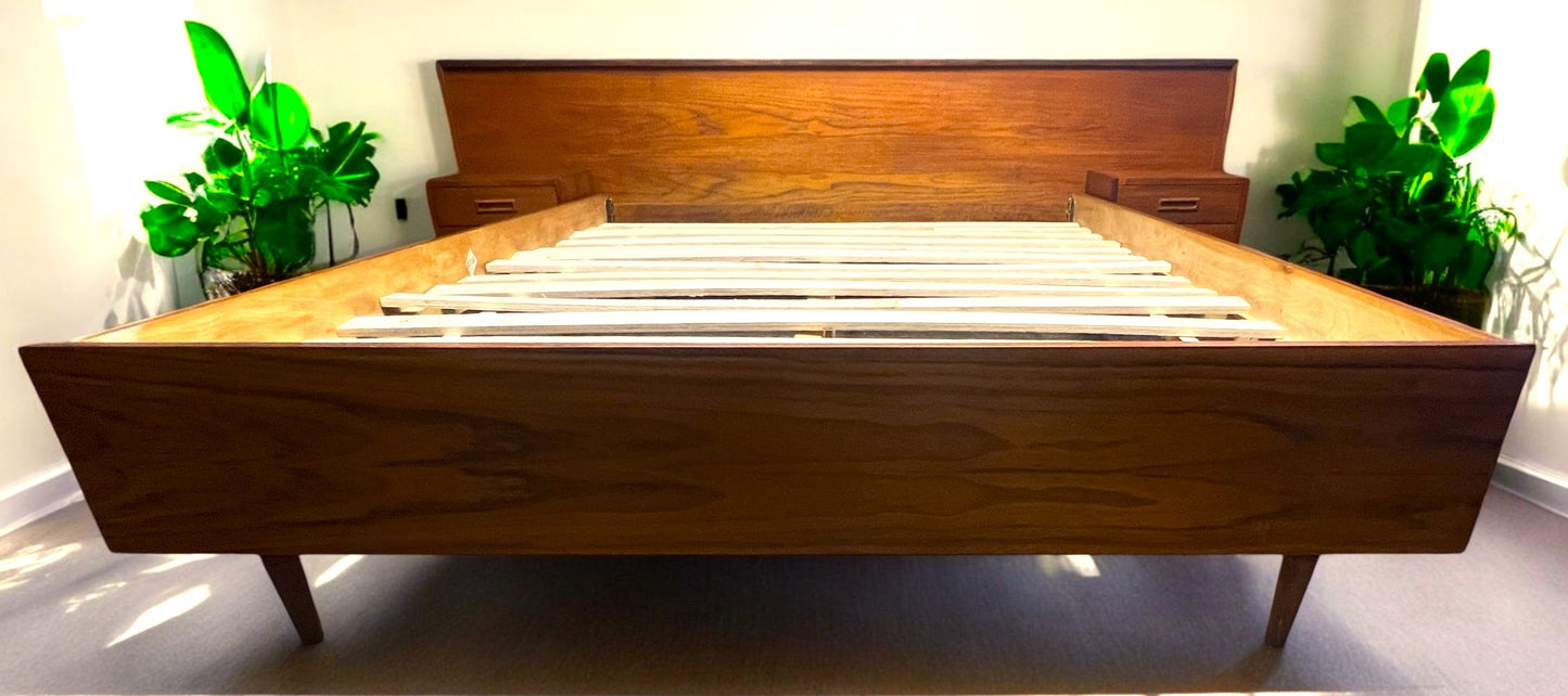 REFINISHED Mid Century Modern Teak Queen Bed w Nightstands