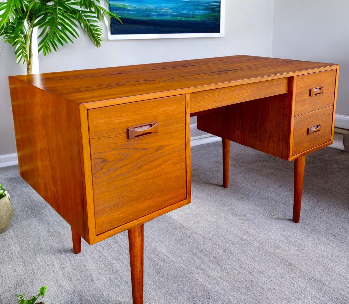 REFINISHED Mid Century Modern Teak Desk with Finished Back