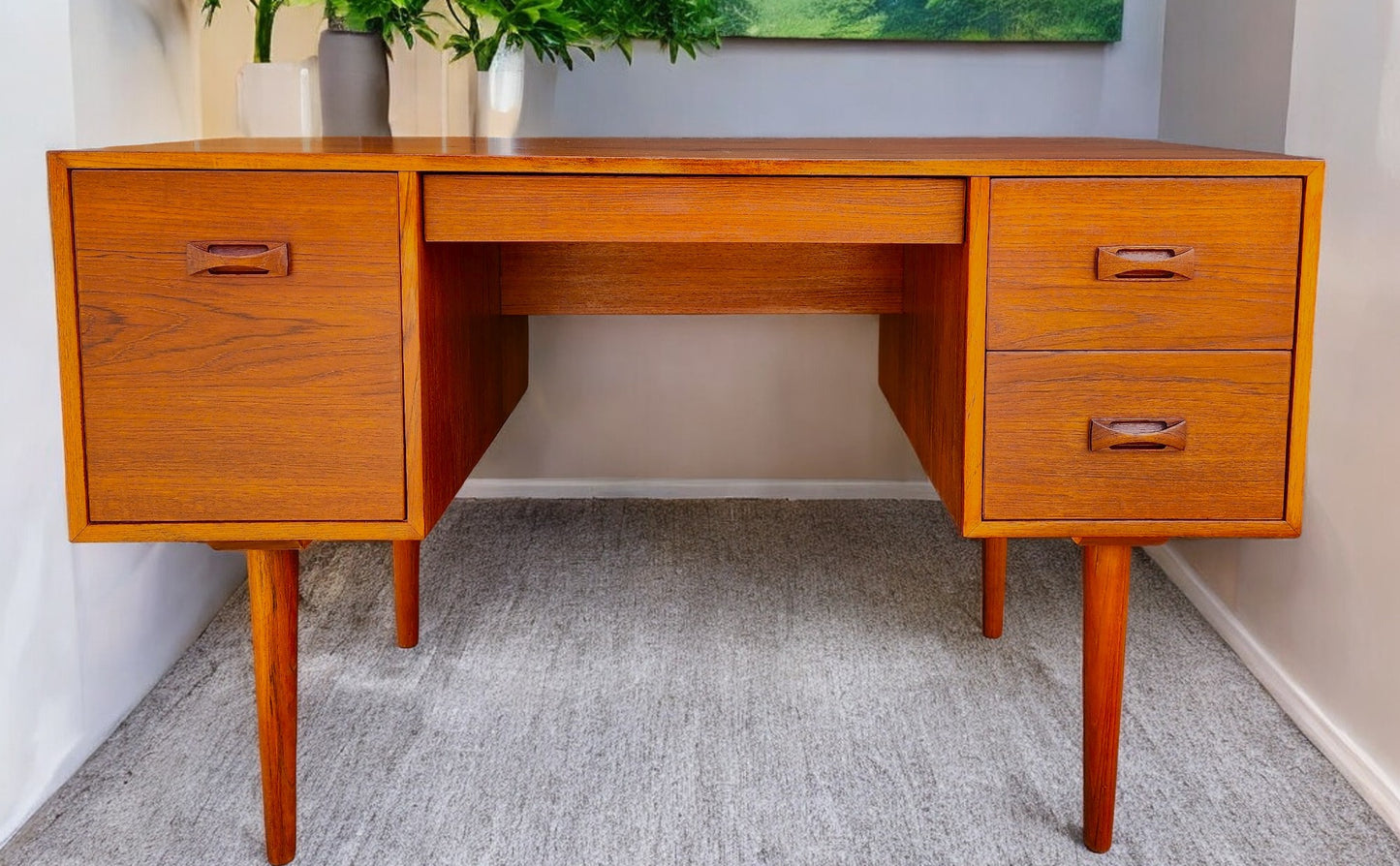 REFINISHED Mid Century Modern Teak Desk with Finished Back