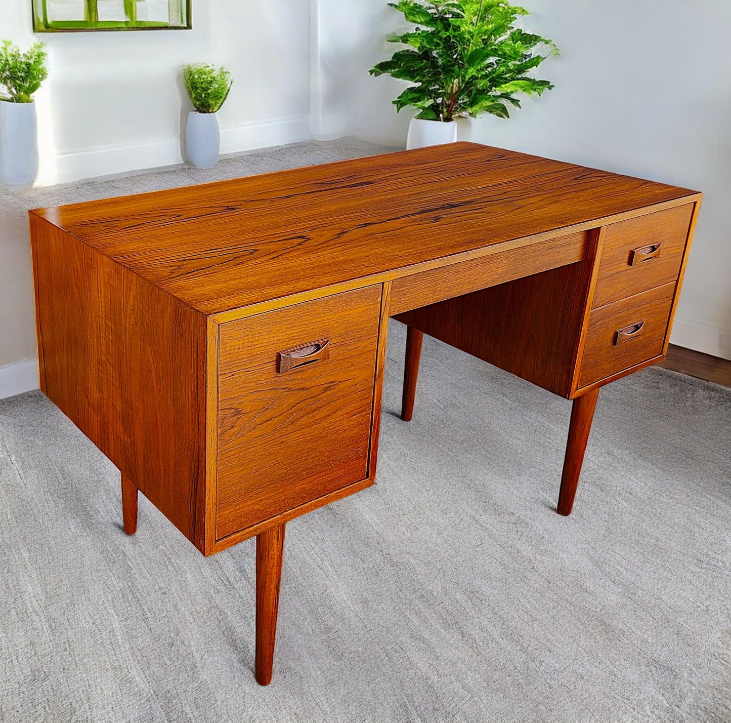 REFINISHED Mid Century Modern Teak Desk with Finished Back