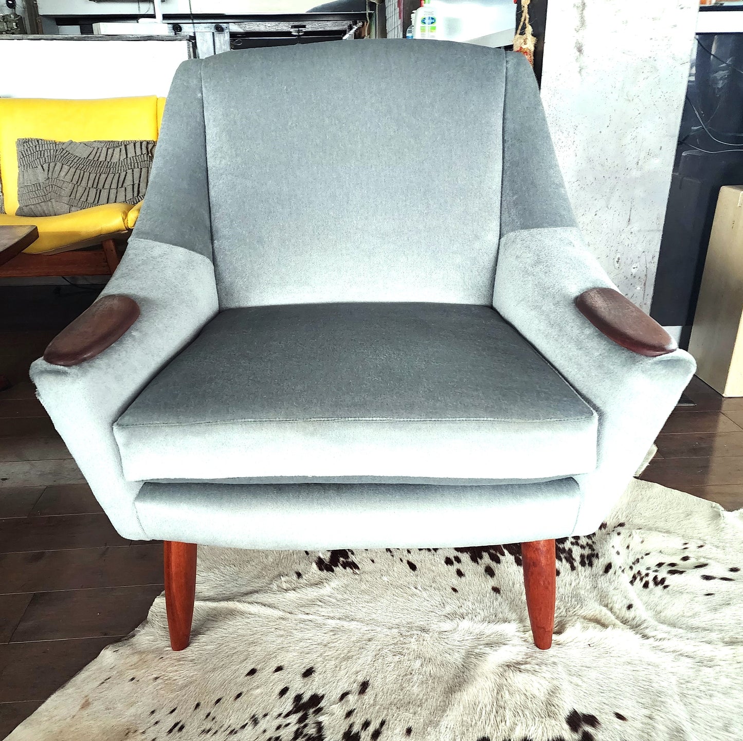 2 REFINISHED REUPHOLSTERED in Wool Mohair Teak Mid Century Modern Lounge Chairs