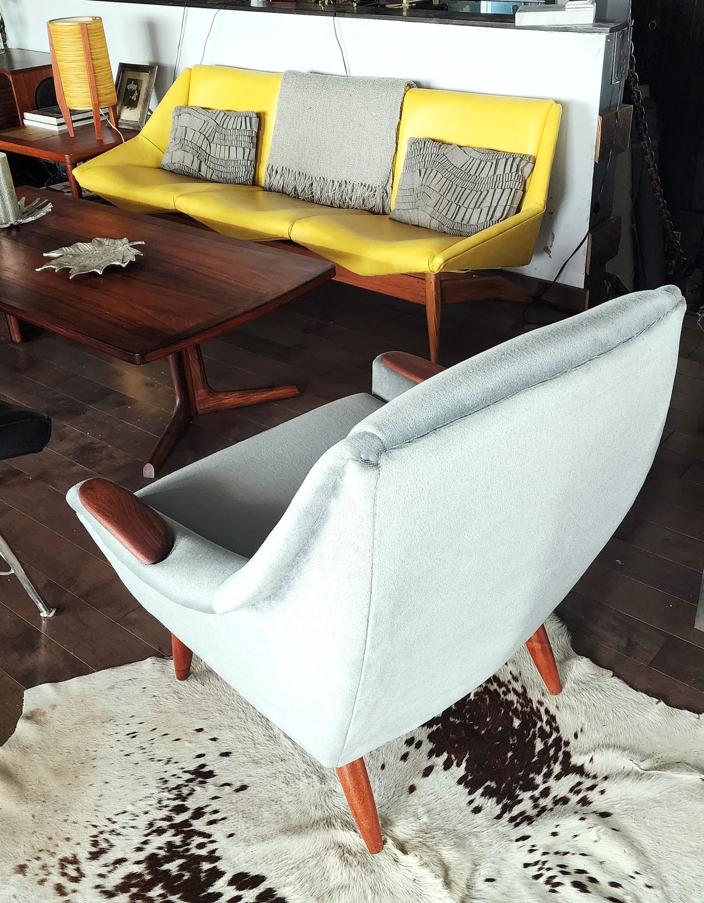 2 REFINISHED REUPHOLSTERED in Wool Mohair Teak Mid Century Modern Lounge Chairs