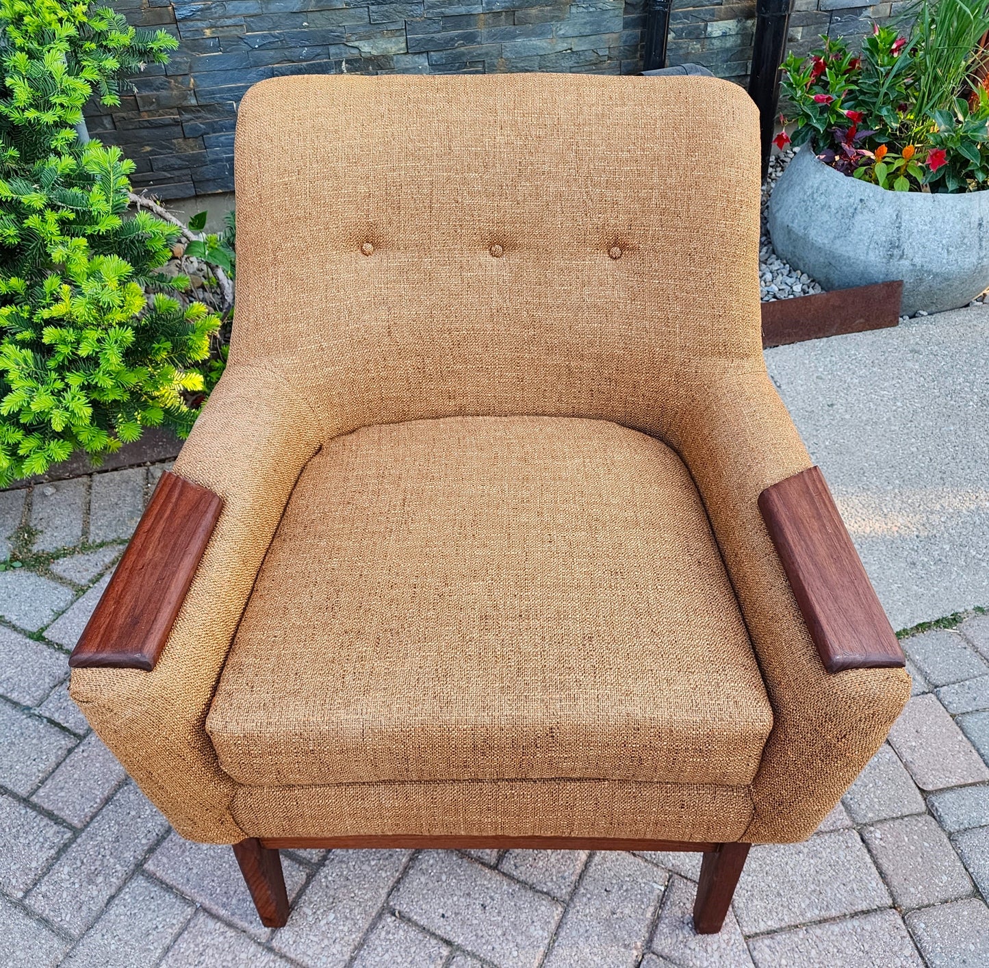 2 REFINISHED REUPHOLSTERED Mid Century Modern Armchairs & Ottoman