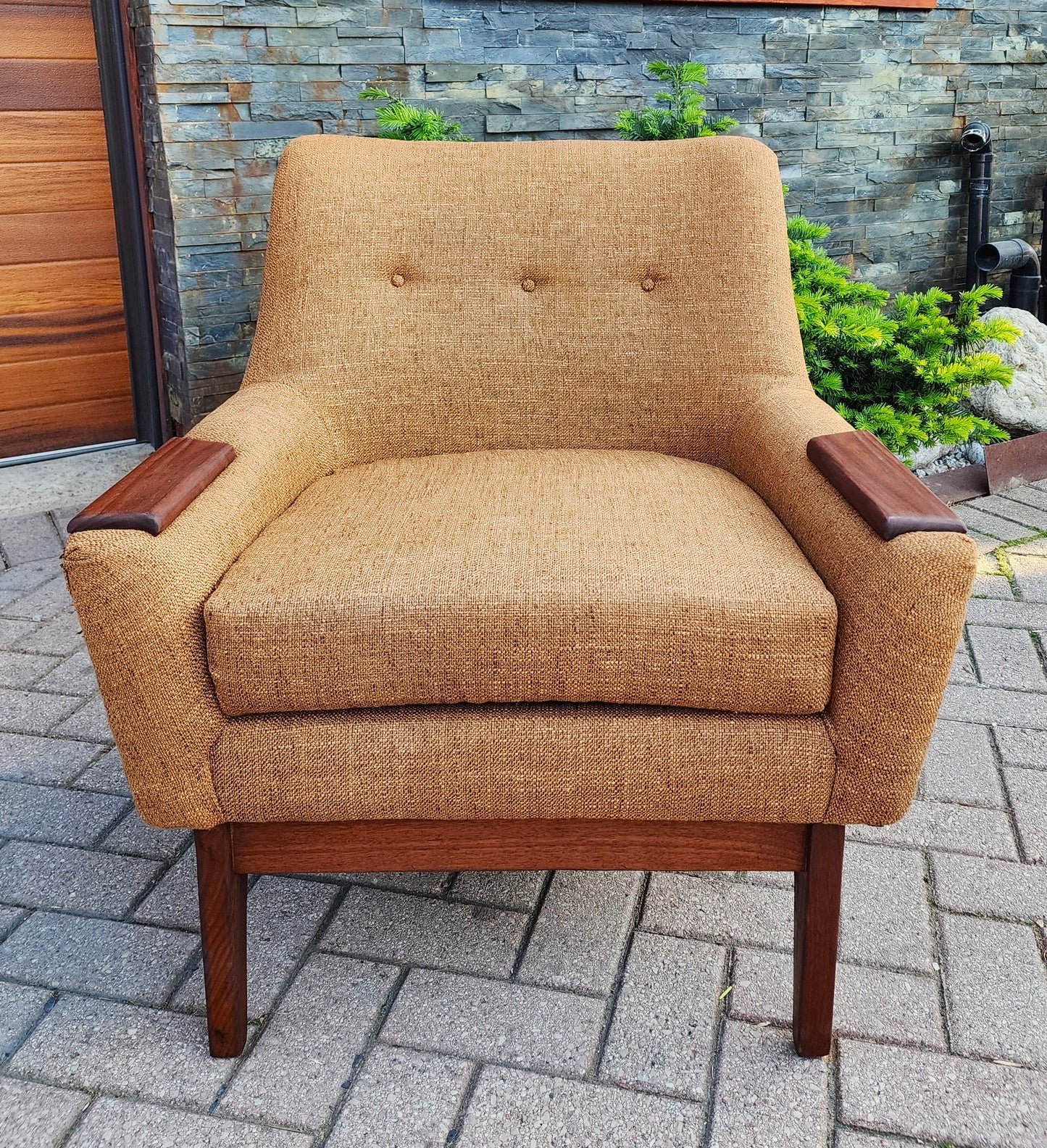 2 REFINISHED REUPHOLSTERED Mid Century Modern Armchairs & Ottoman
