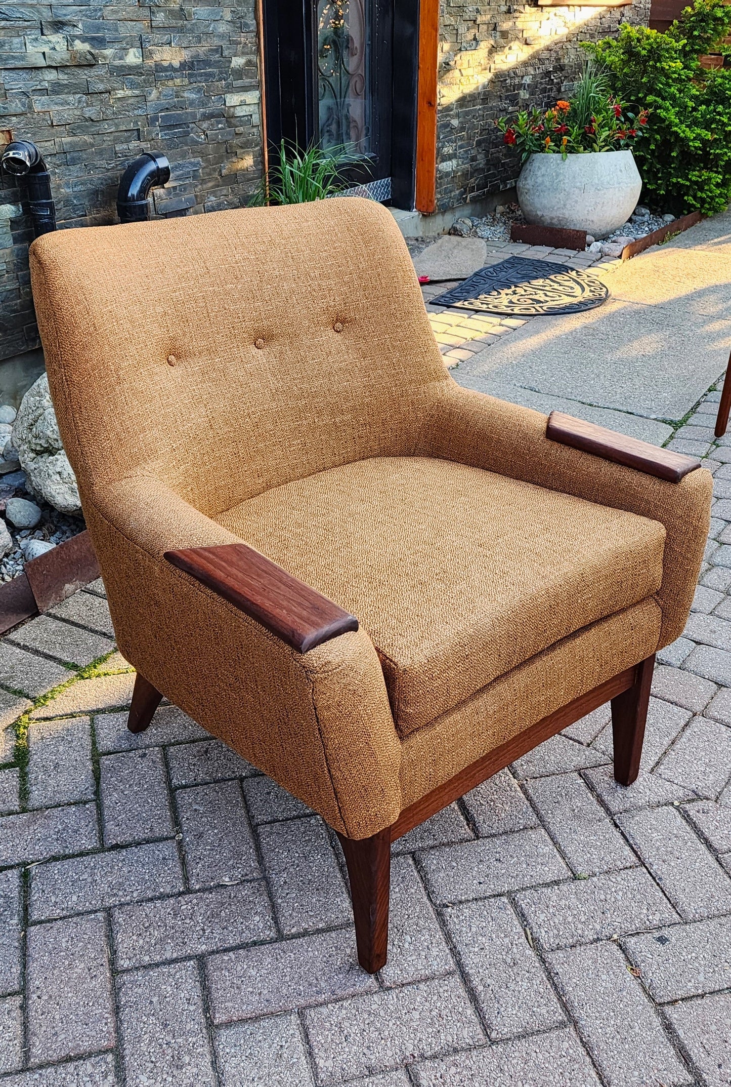 2 REFINISHED REUPHOLSTERED Mid Century Modern Armchairs & Ottoman