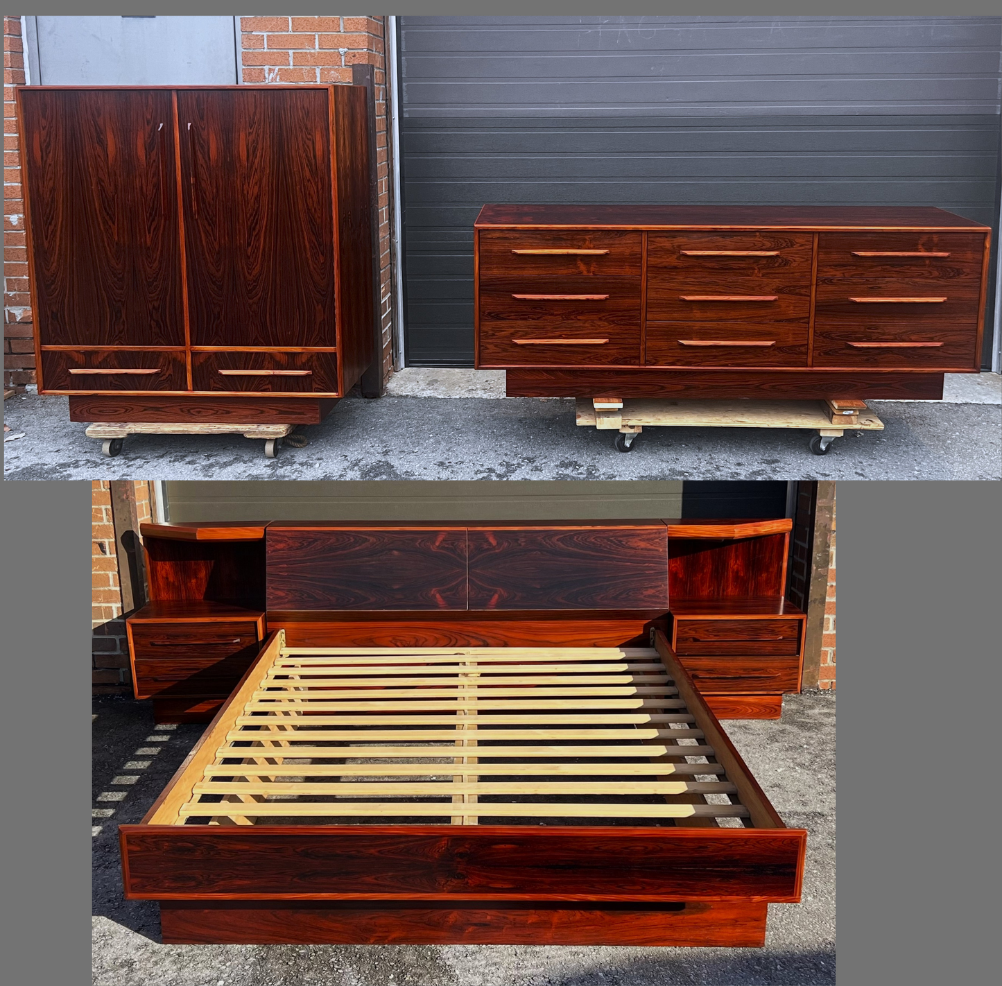 RESTORED Mid Century Modern Rosewood Queen bed w nightstands, dresser & tallboy