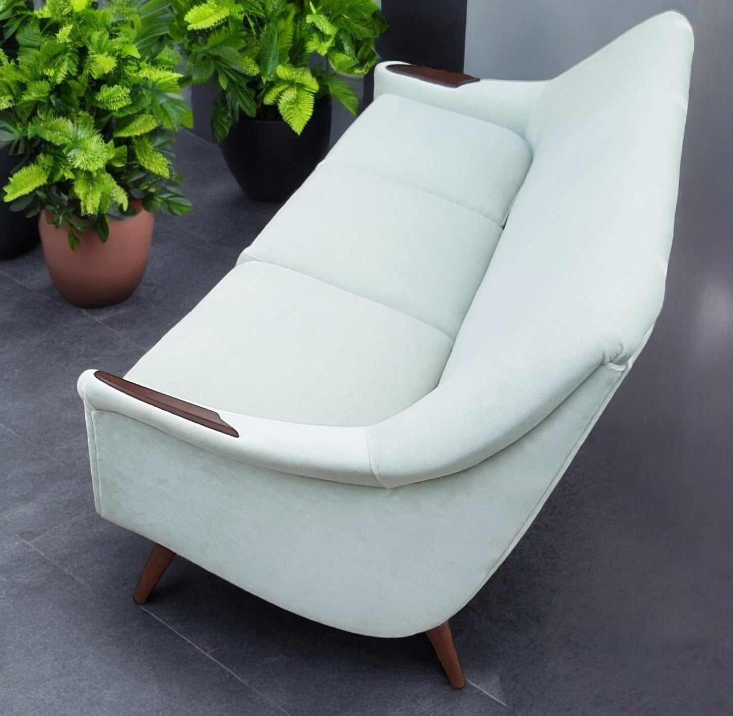 REFINISHED & REUPHOLSTERED in wool mohair Danish Mid Century Modern Sofa 4-seater
