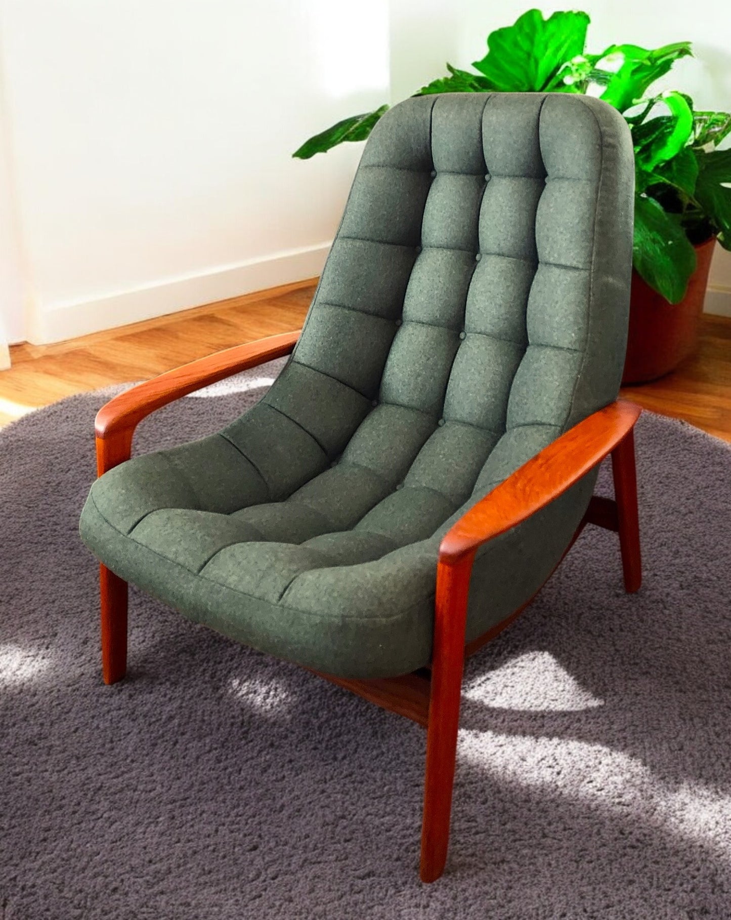 REFINISHED REUPHOLSTERED in wool MCM Teak Scoop Lounge Chair by Huber