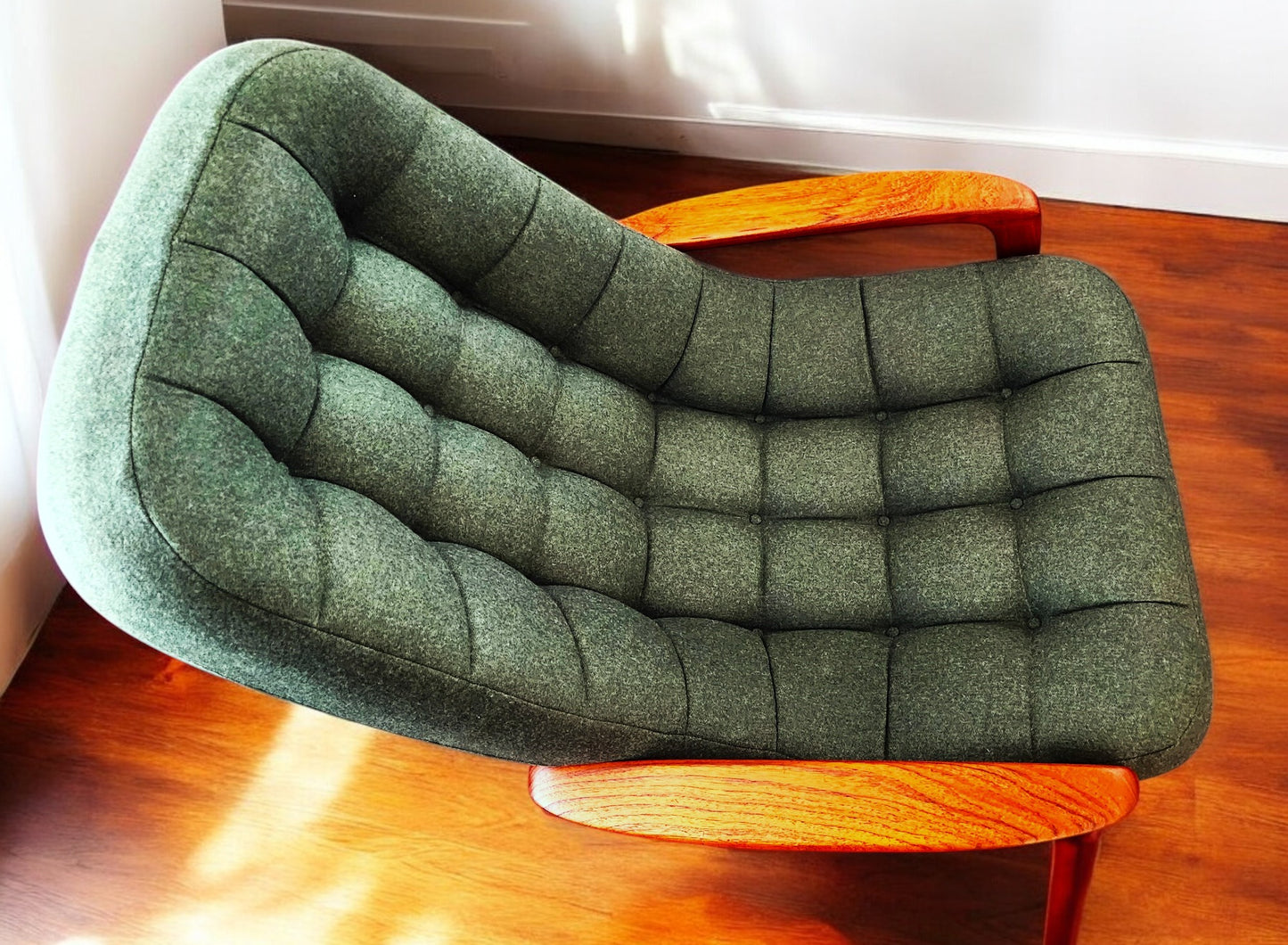 REFINISHED REUPHOLSTERED in wool MCM Teak Scoop Lounge Chair by Huber