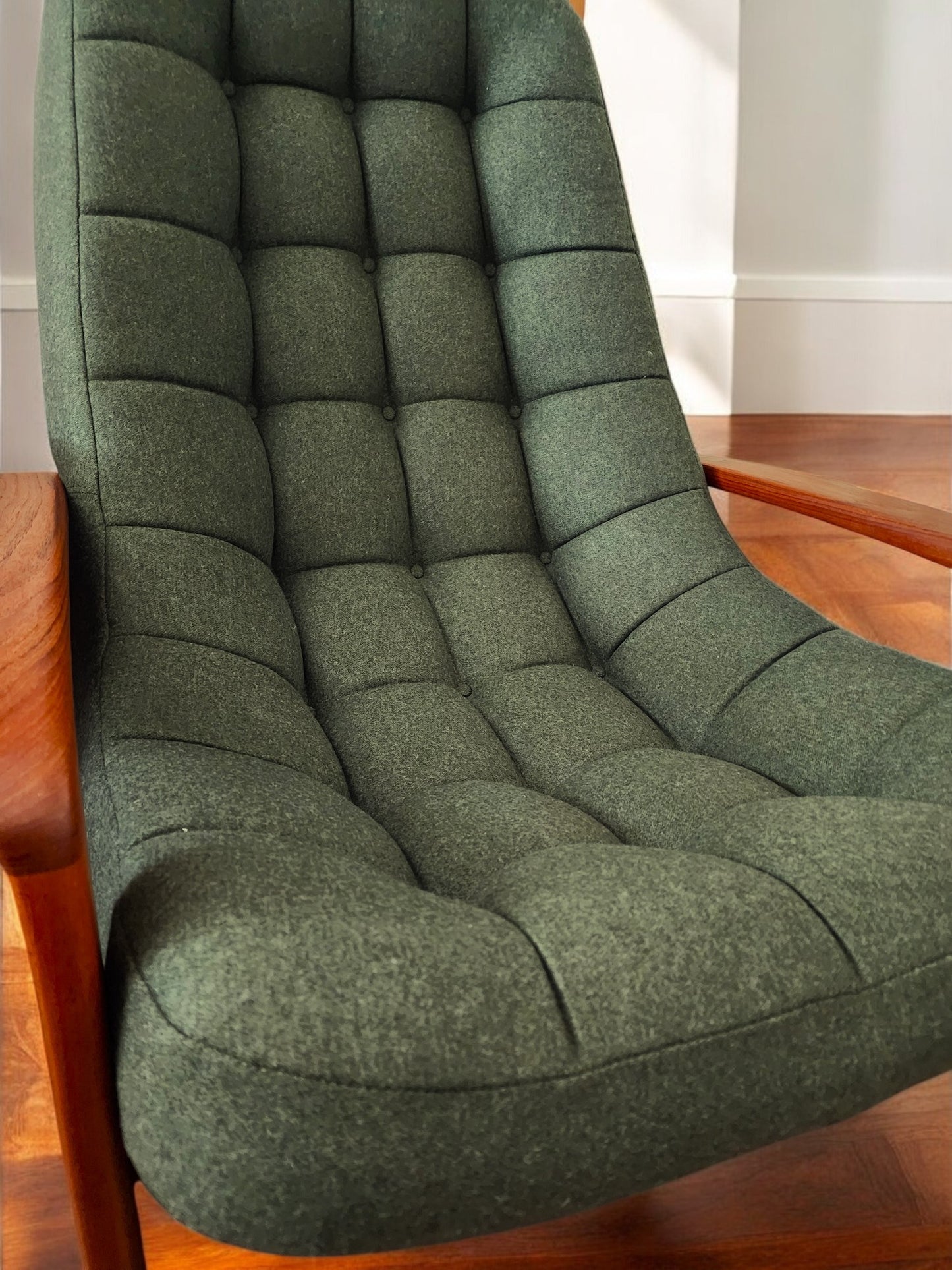 REFINISHED REUPHOLSTERED in wool MCM Teak Scoop Lounge Chair by Huber