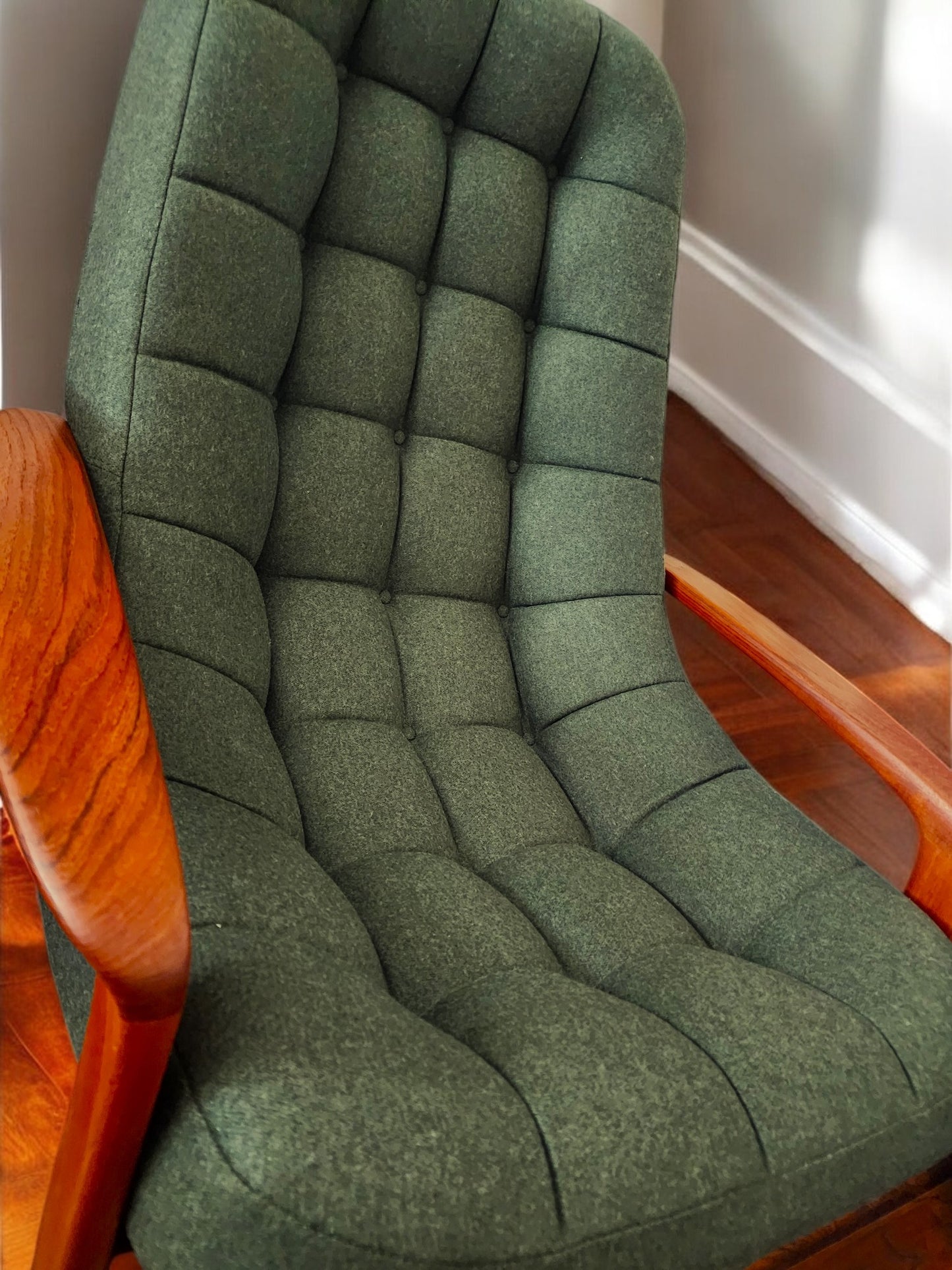REFINISHED REUPHOLSTERED in wool MCM Teak Scoop Lounge Chair by Huber