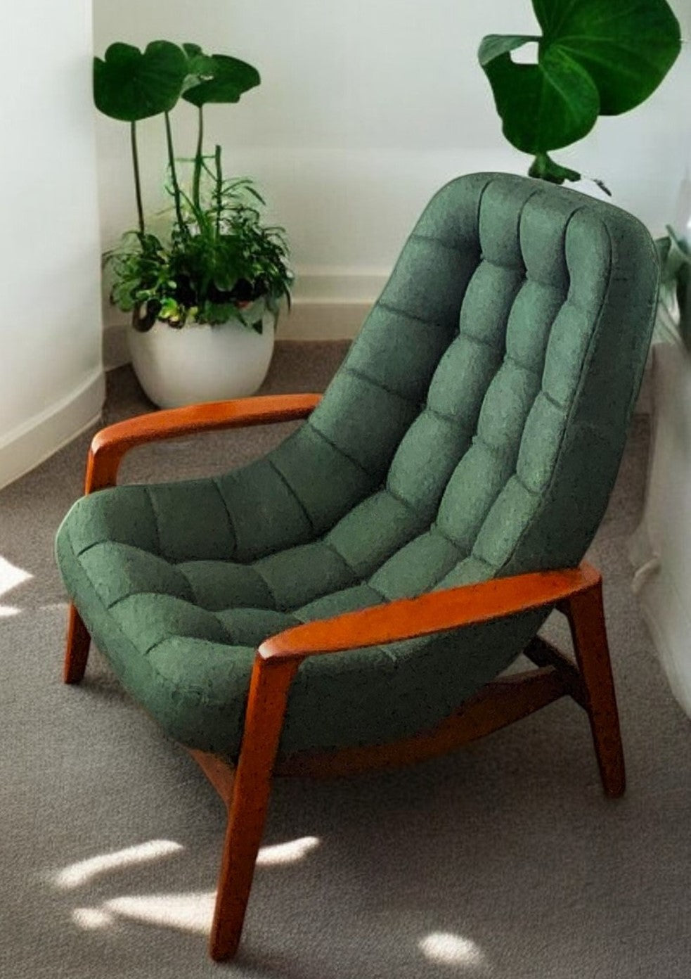 REFINISHED REUPHOLSTERED in wool MCM Teak Scoop Lounge Chair by Huber