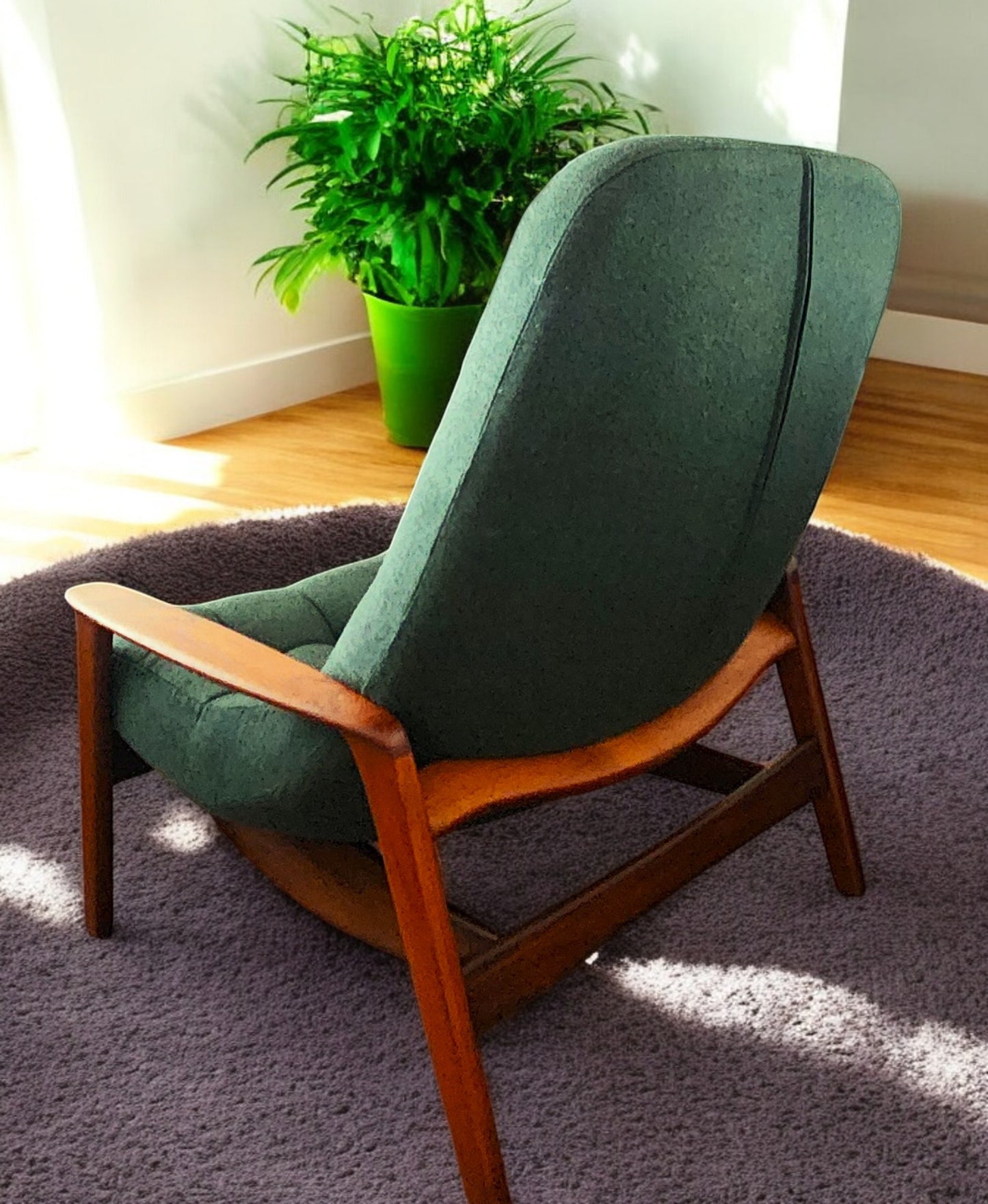 REFINISHED REUPHOLSTERED in wool MCM Teak Scoop Lounge Chair by Huber