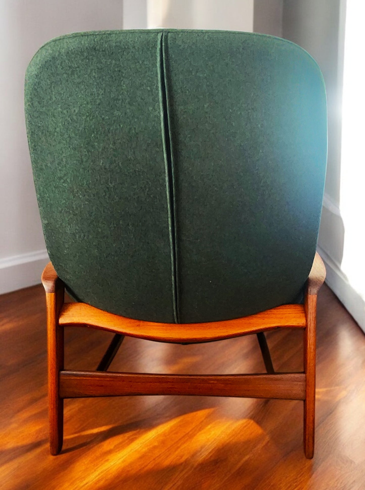 REFINISHED REUPHOLSTERED in wool MCM Teak Scoop Lounge Chair by Huber
