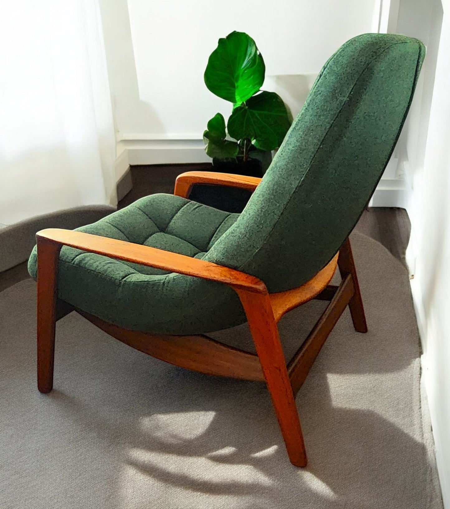 REFINISHED REUPHOLSTERED in wool MCM Teak Scoop Lounge Chair by Huber