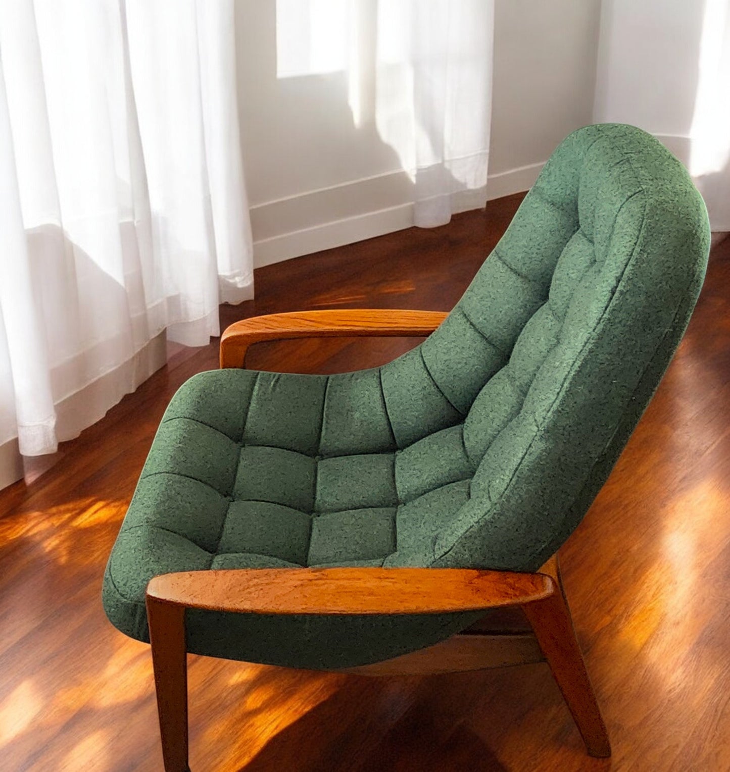 REFINISHED REUPHOLSTERED in wool MCM Teak Scoop Lounge Chair by Huber