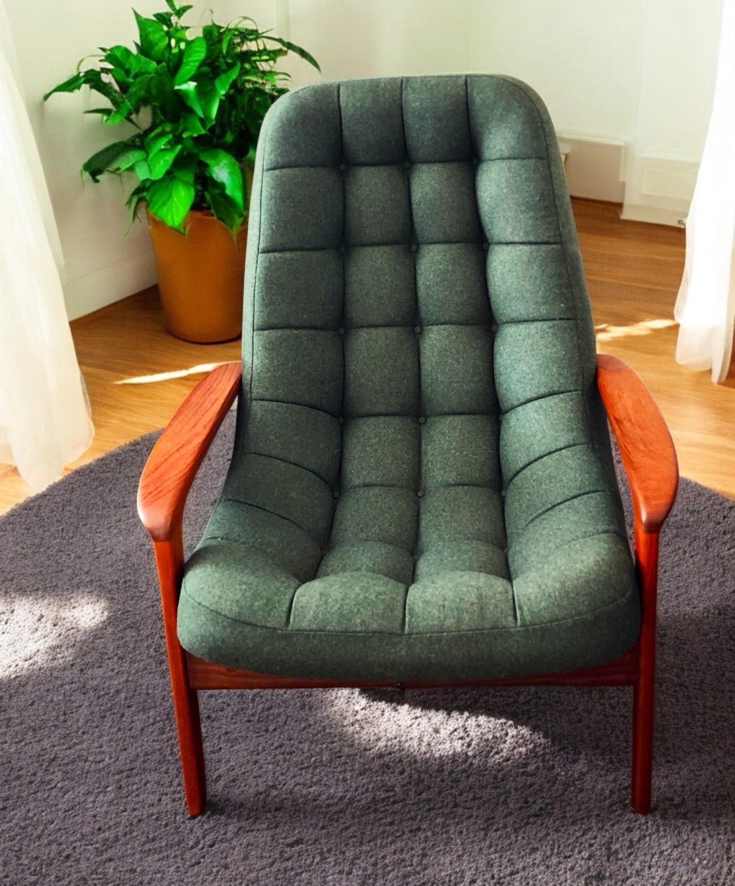 REFINISHED REUPHOLSTERED in wool MCM Teak Scoop Lounge Chair by Huber