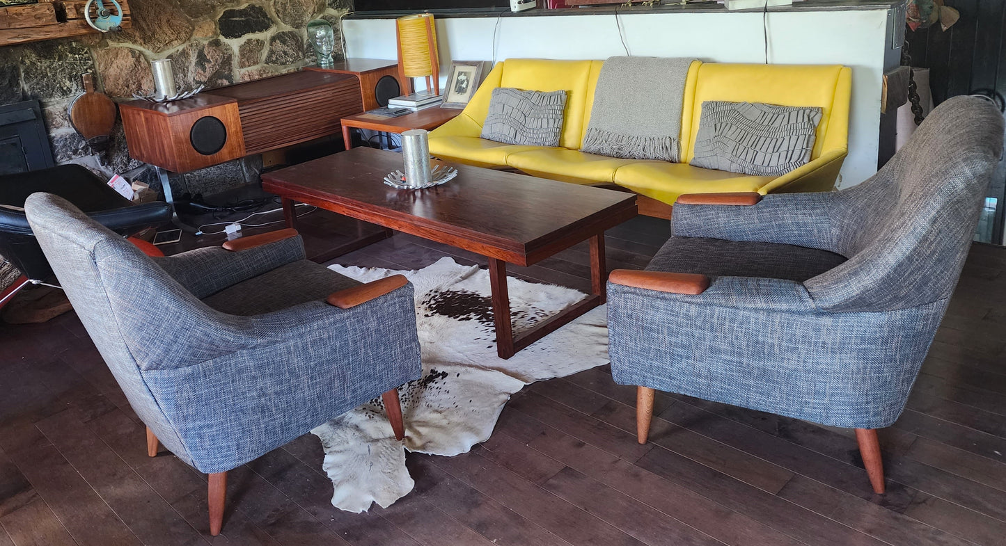 REFINISHED REUPHOLSTERED Danish Mid Century Modern Teak Lounge Chairs, set of 2