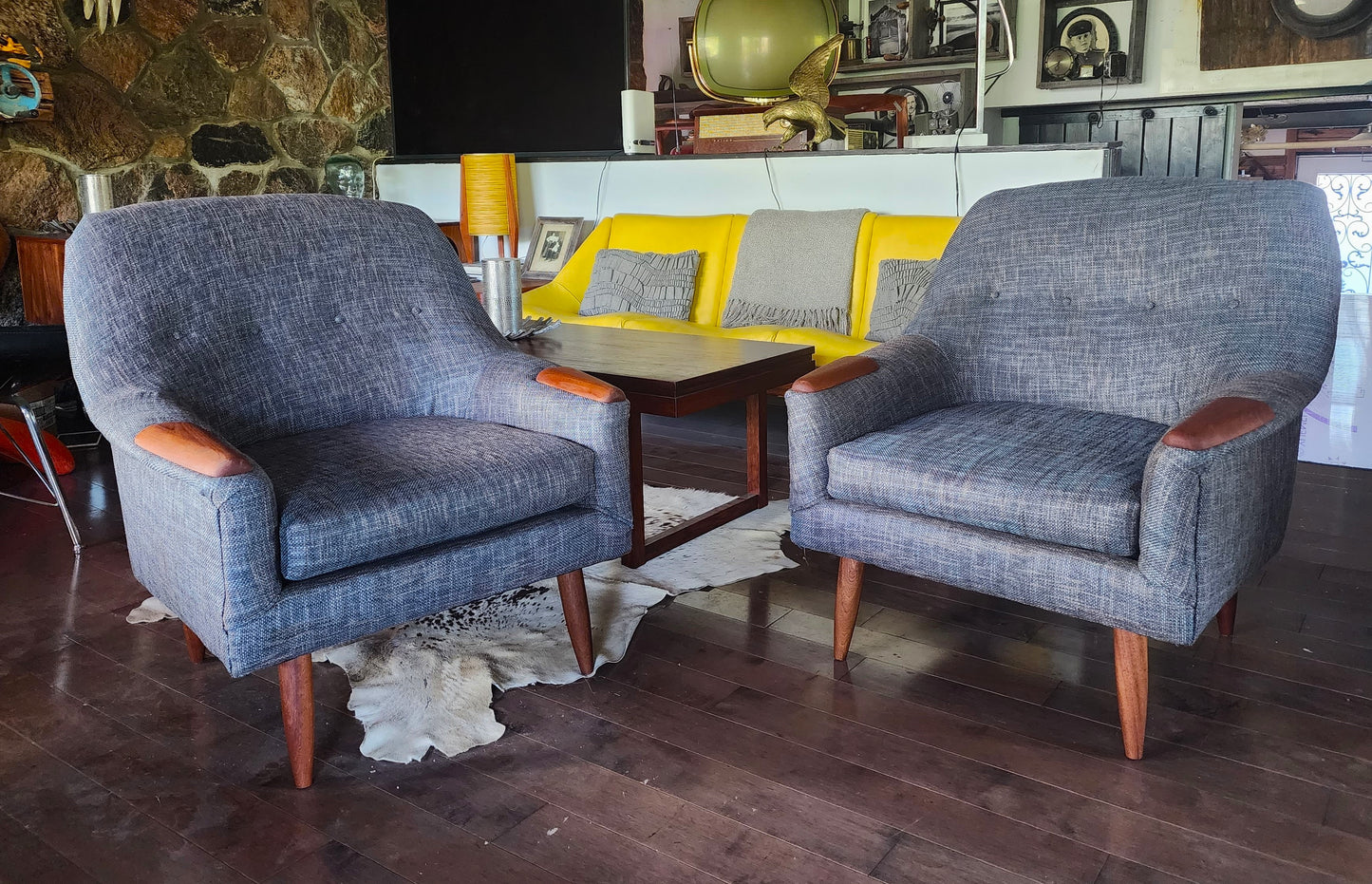 REFINISHED REUPHOLSTERED Danish Mid Century Modern Teak Lounge Chairs, set of 2