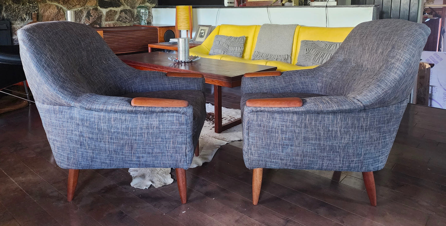 REFINISHED REUPHOLSTERED Danish Mid Century Modern Teak Lounge Chairs, set of 2