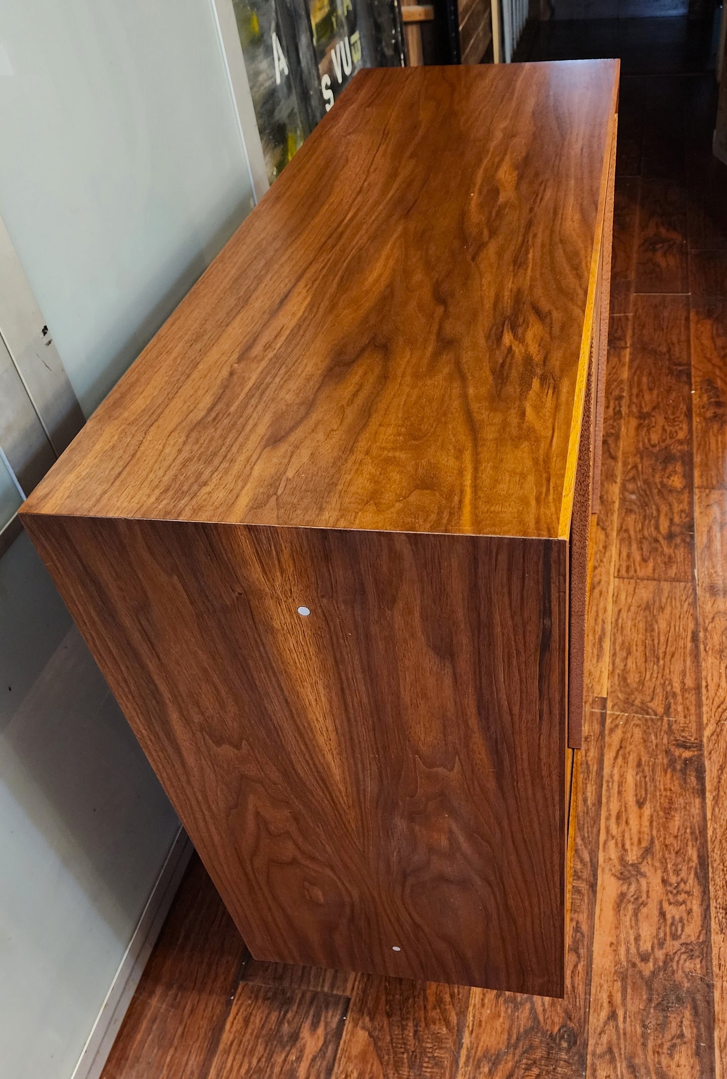 REFINISHED MCM walnut cabinet w sliding doors, narrow, fits records 37.5”