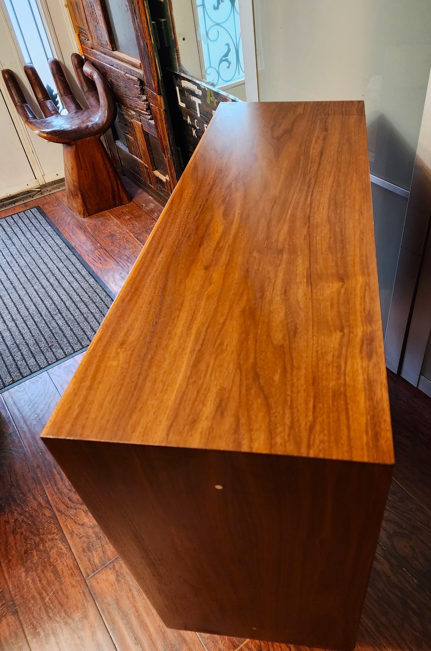 REFINISHED MCM walnut cabinet w sliding doors, narrow, fits records 37.5”
