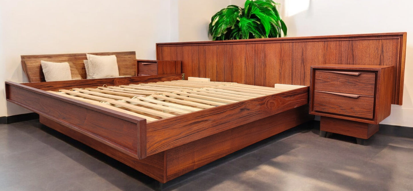 REFINISHED Mid Century Modern Teak King Bed w 2 Night Stands