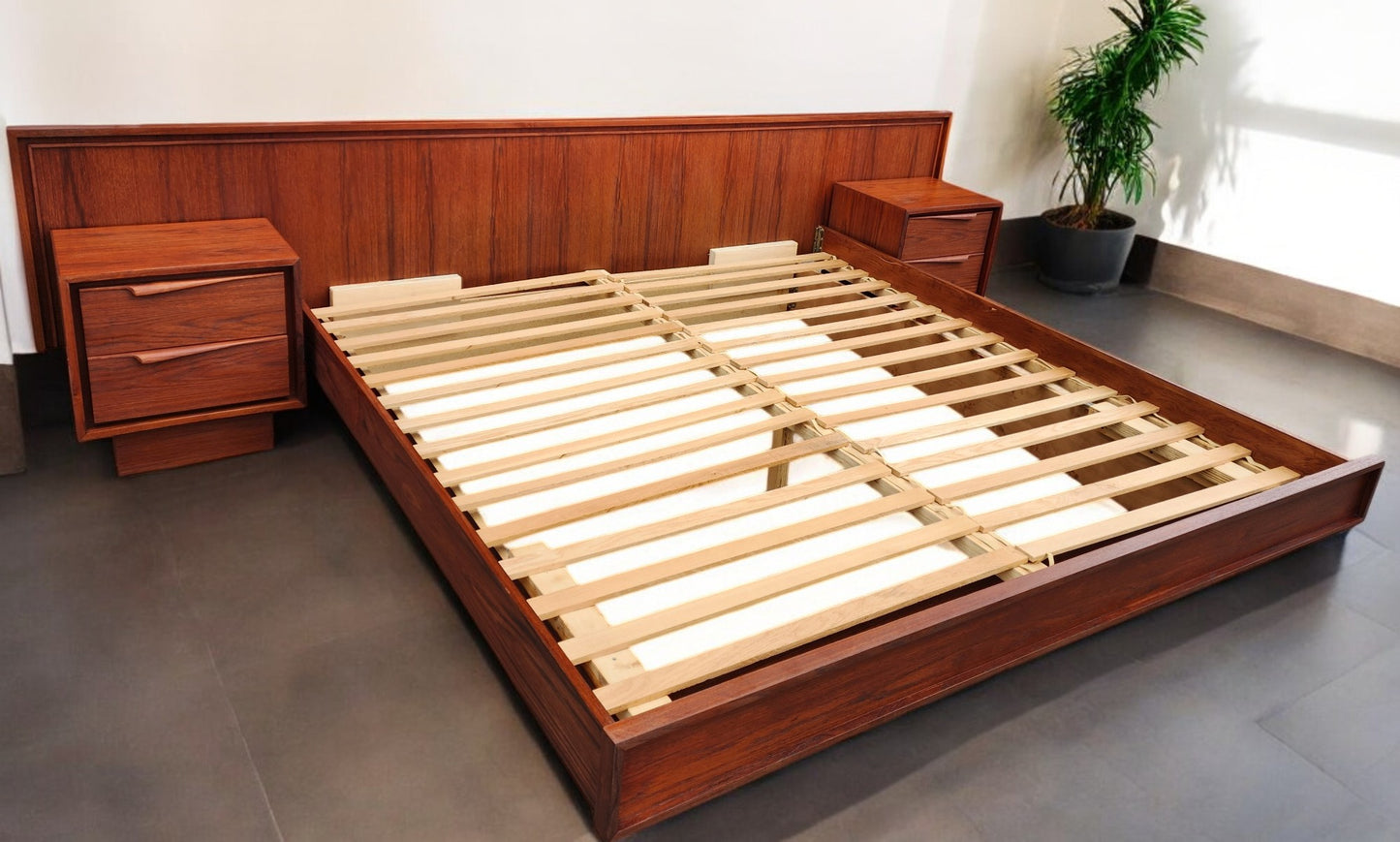 REFINISHED Mid Century Modern Teak King Bed w 2 Night Stands