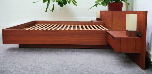 REFINISHED Swedish Mid Century Modern Teak Bed w Floating Nightstands Queen