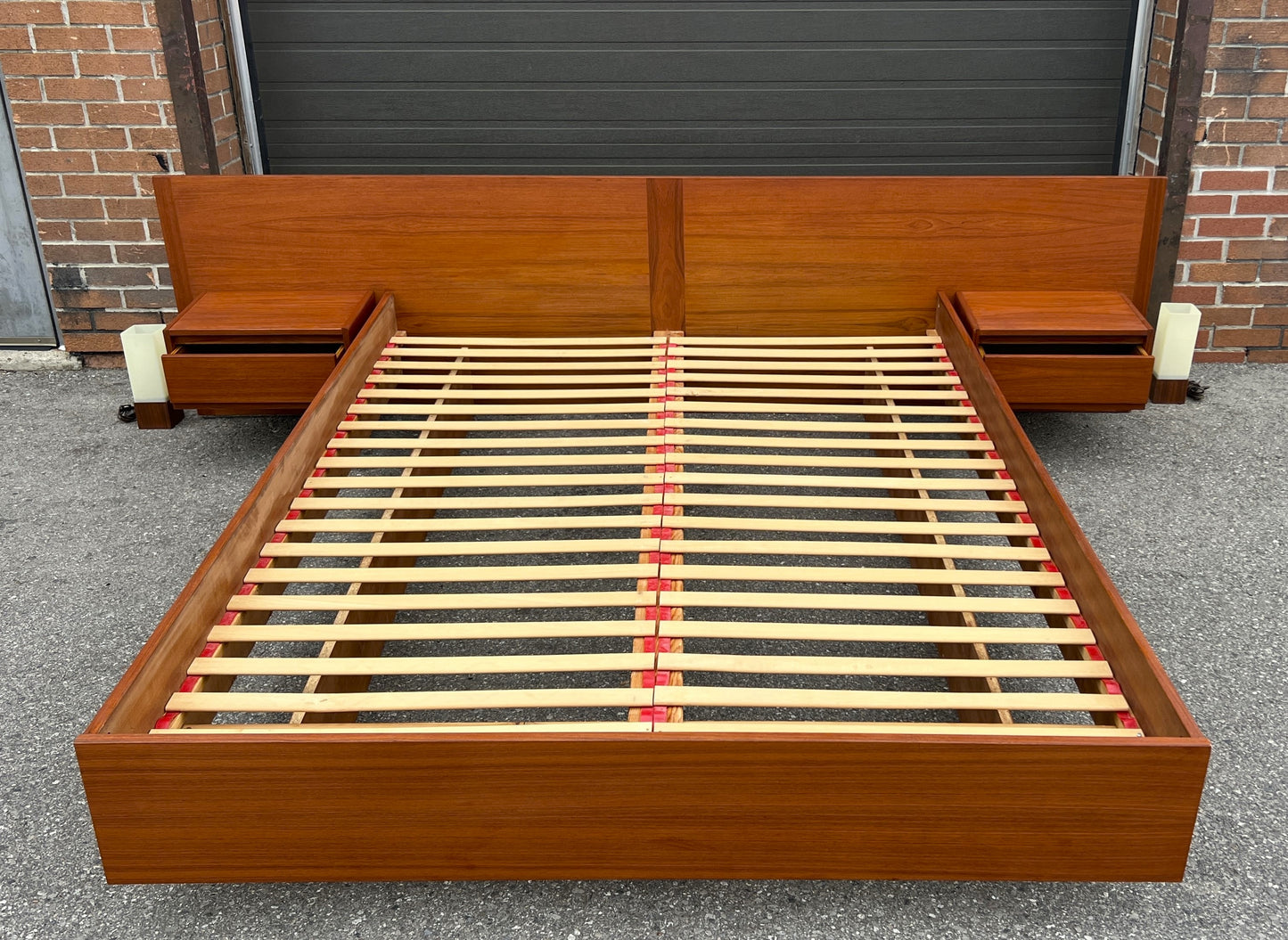 REFINISHED Swedish Mid Century Modern Teak Bed w Floating Nightstands Queen