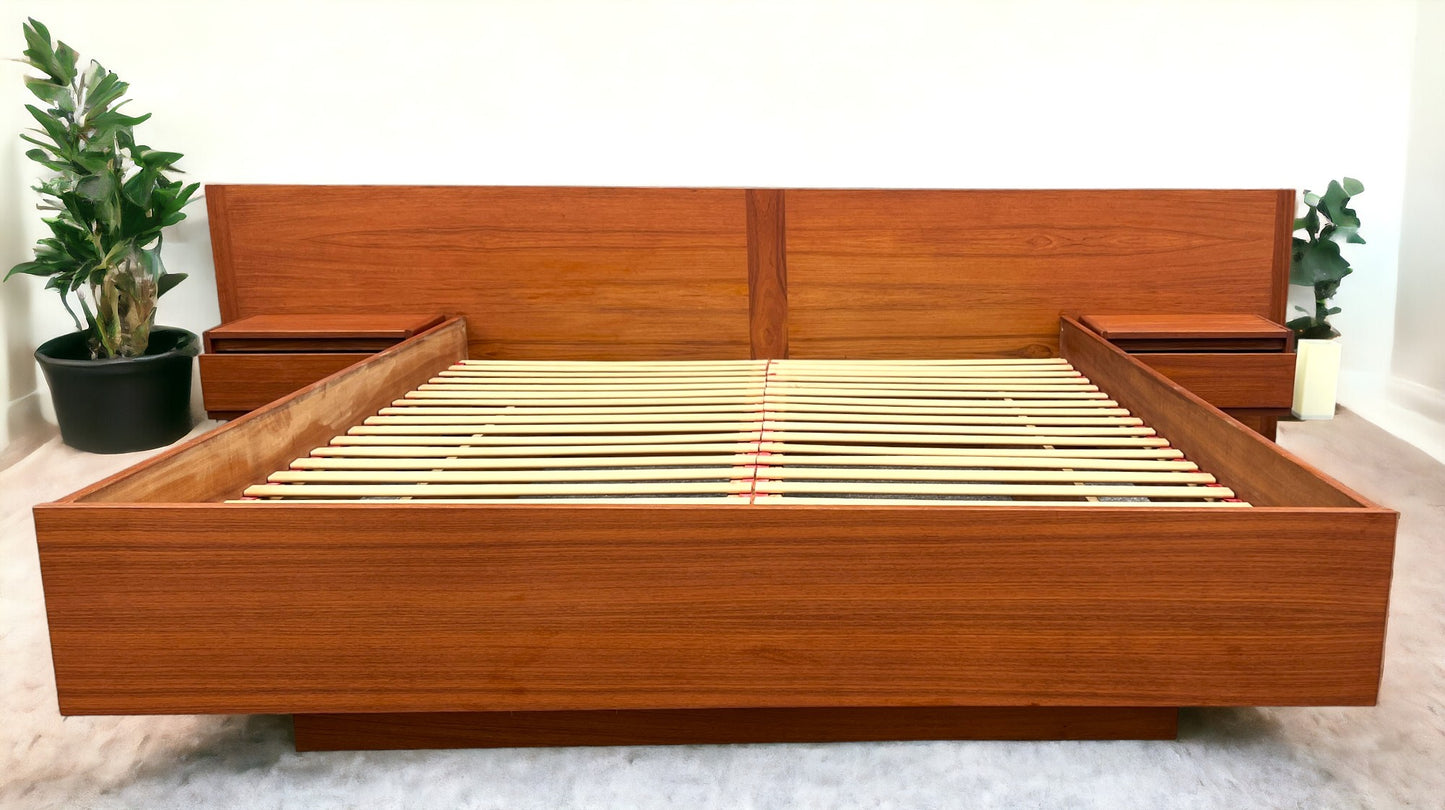 REFINISHED Swedish Mid Century Modern Teak Bed w Floating Nightstands Queen