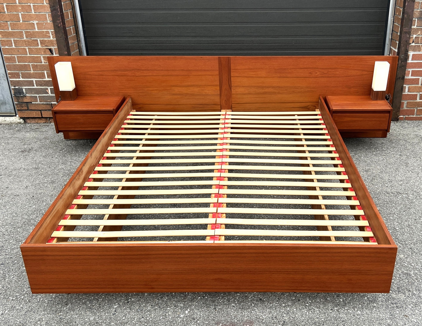 REFINISHED Swedish Mid Century Modern Teak Bed w Floating Nightstands Queen