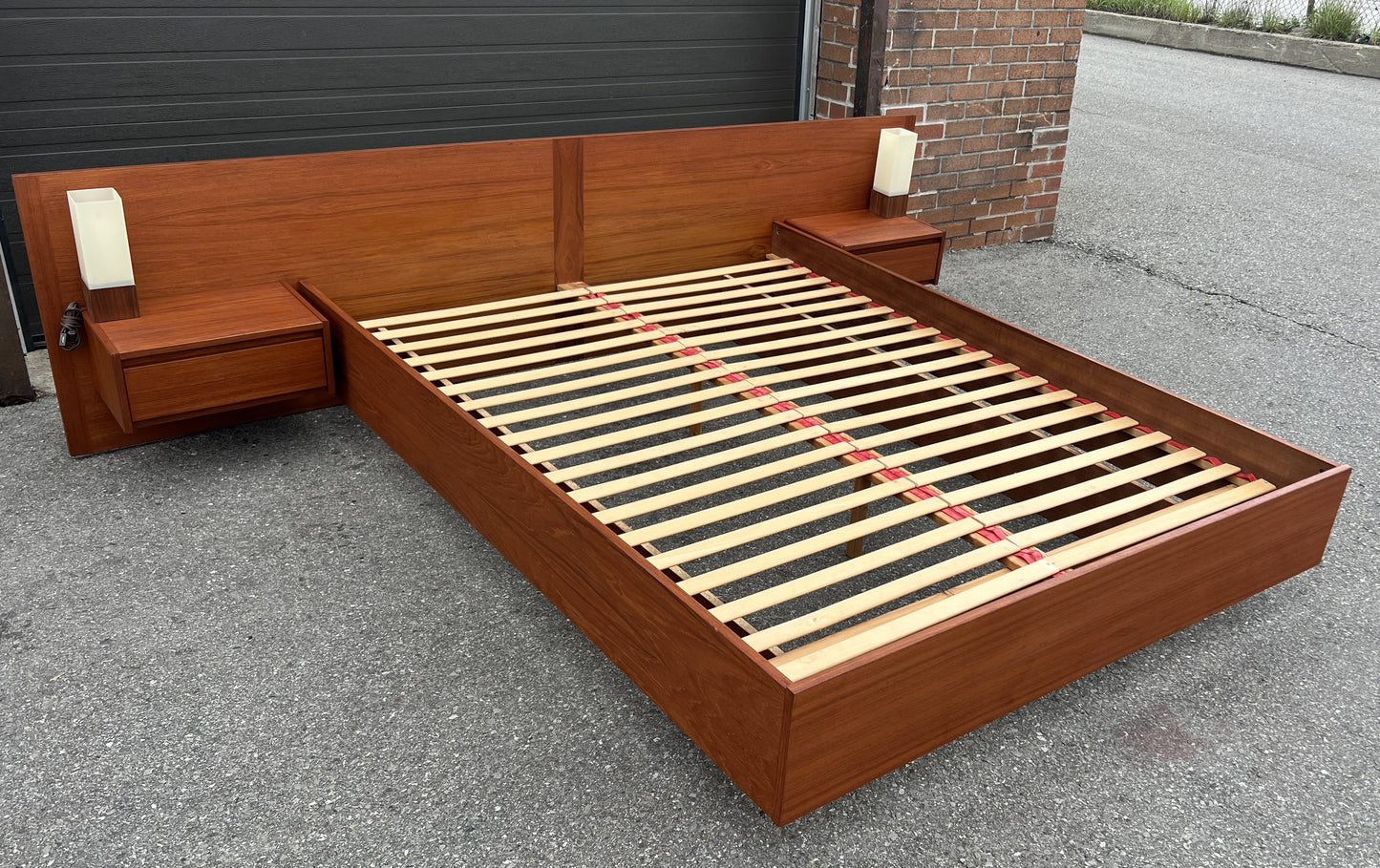 REFINISHED Swedish Mid Century Modern Teak Bed w Floating Nightstands Queen
