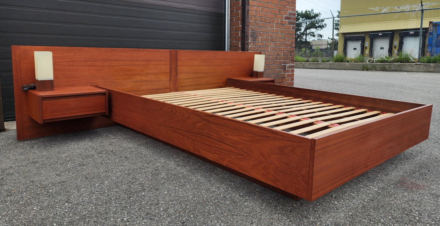 REFINISHED Swedish Mid Century Modern Teak Bed w Floating Nightstands Queen