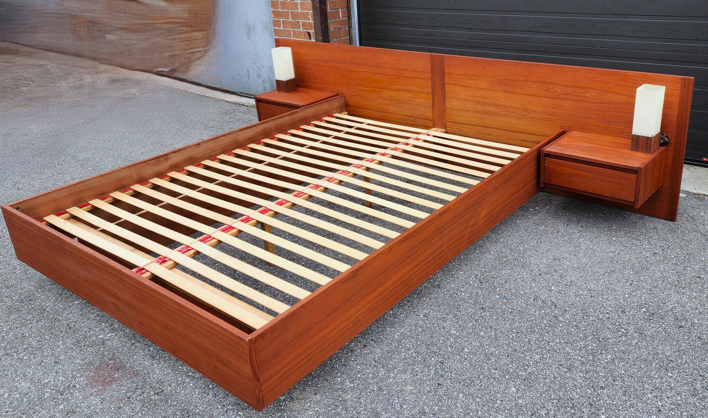 REFINISHED Swedish Mid Century Modern Teak Bed w Floating Nightstands Queen