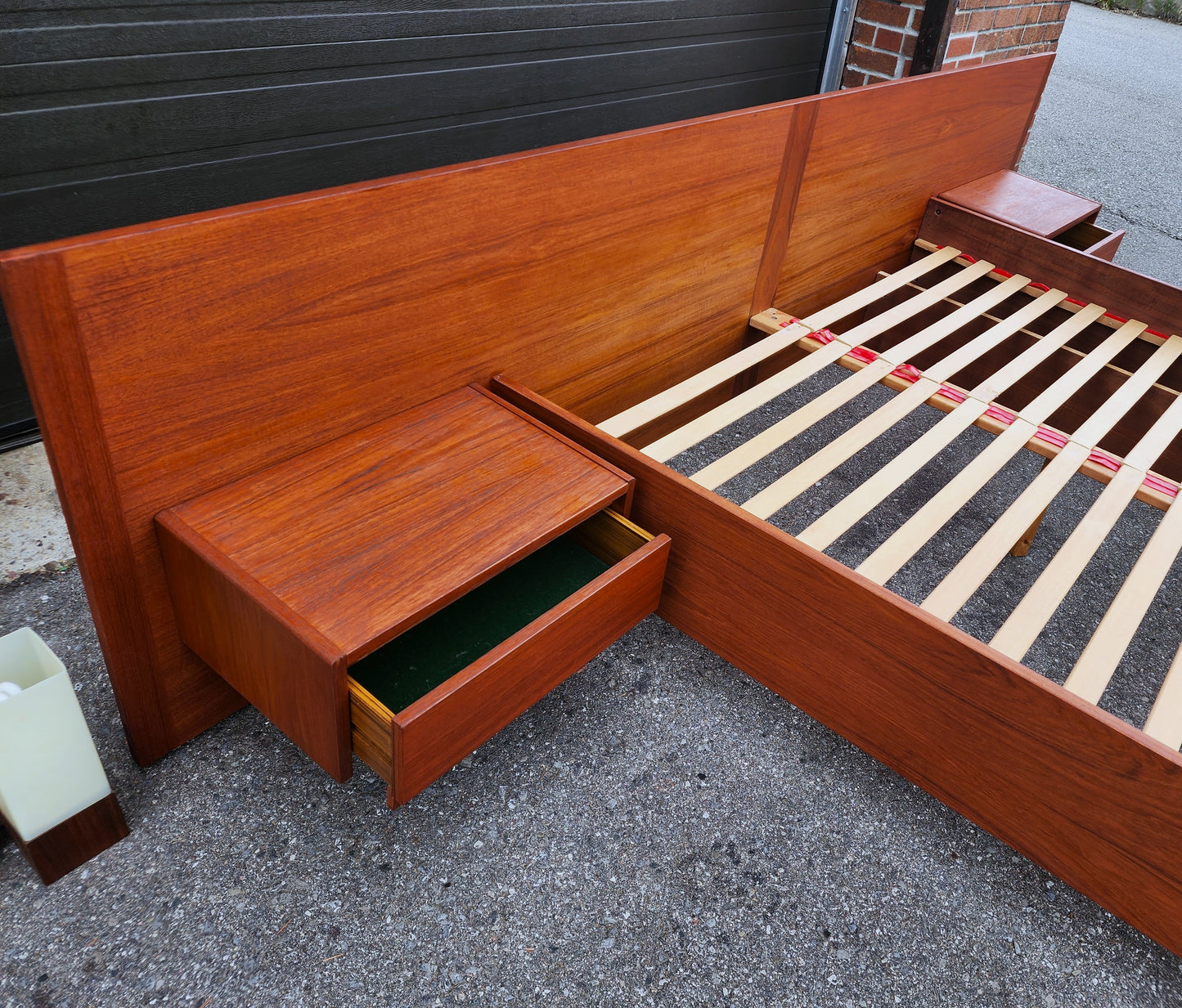 REFINISHED Swedish Mid Century Modern Teak Bed w Floating Nightstands Queen