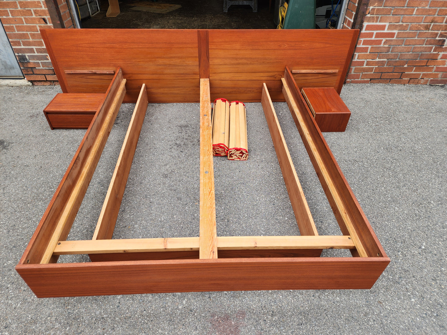 REFINISHED Swedish Mid Century Modern Teak Bed w Floating Nightstands Queen