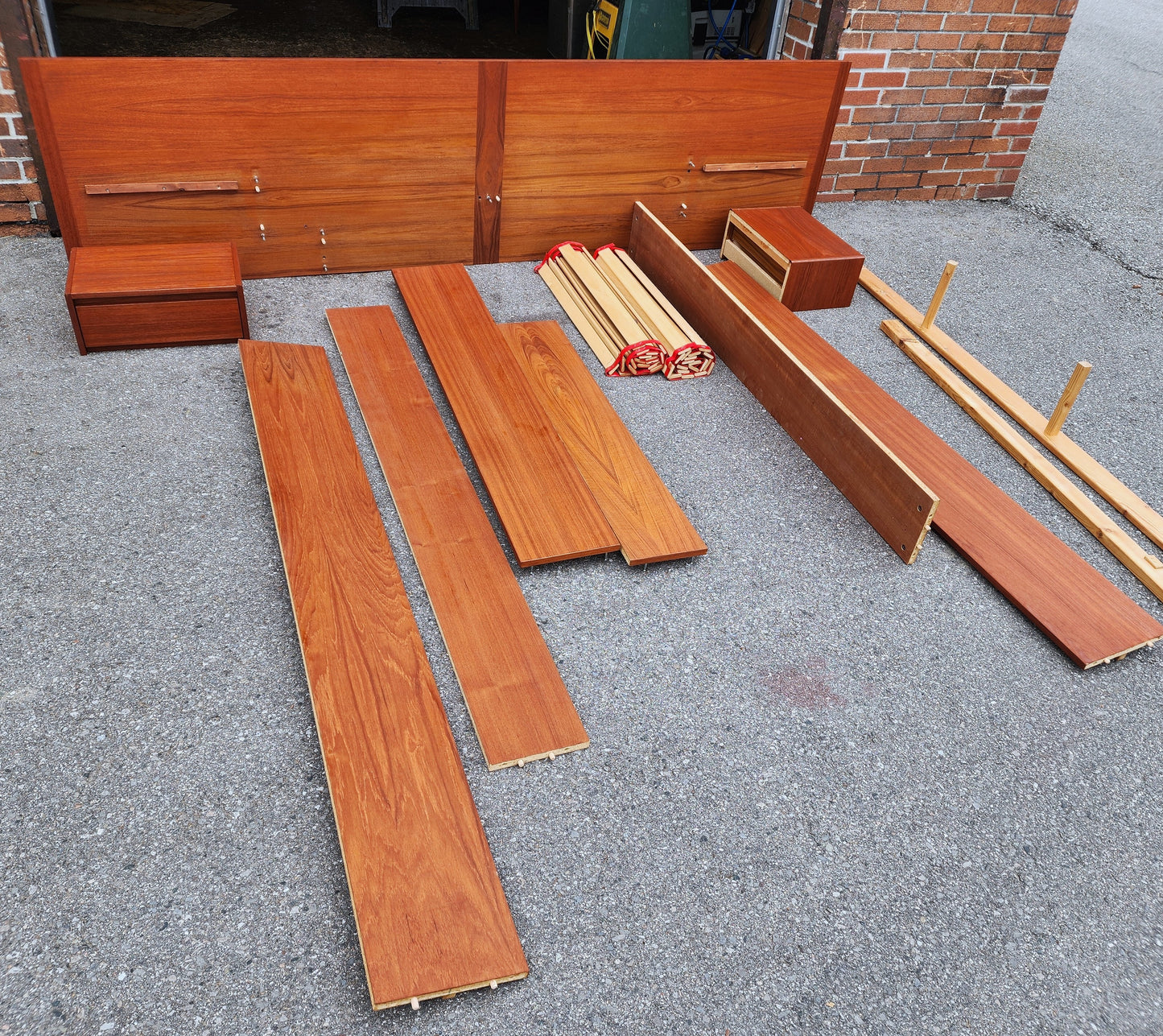 REFINISHED Swedish Mid Century Modern Teak Bed w Floating Nightstands Queen