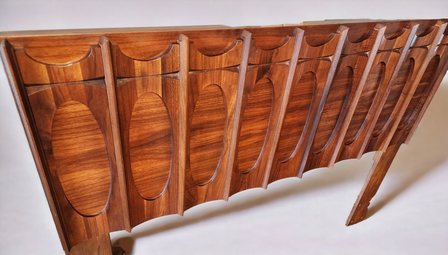 RESTORED Mid Century Modern Walnut Brutalist Headboard and 2 Nightstands or Side Tables