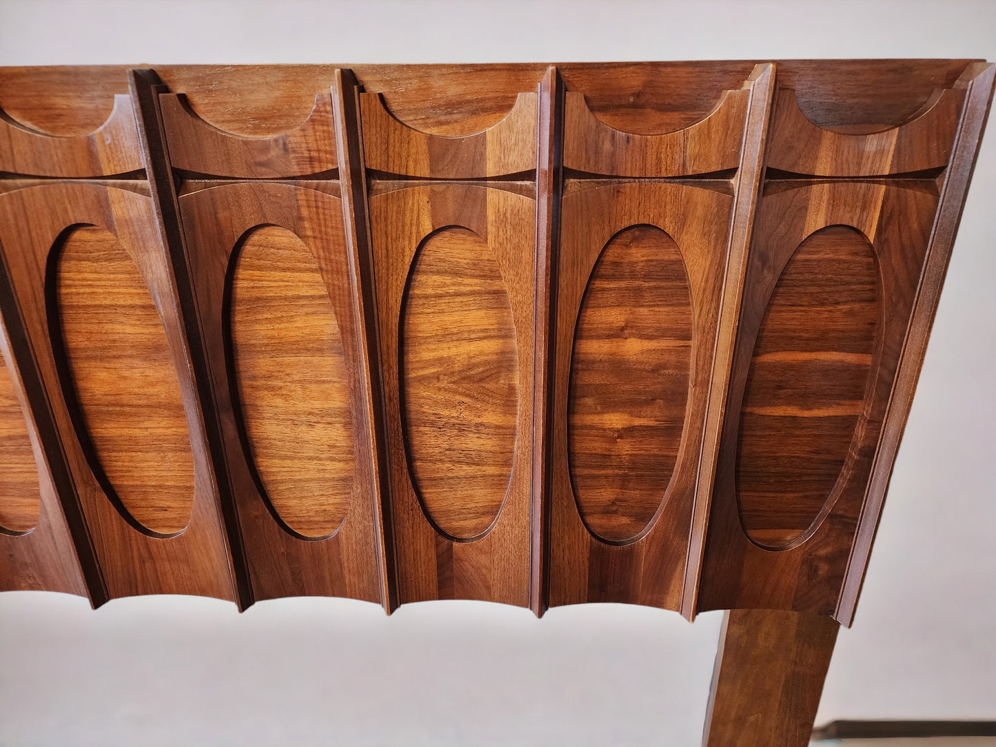 RESTORED Mid Century Modern Walnut Brutalist Headboard and 2 Nightstands or Side Tables