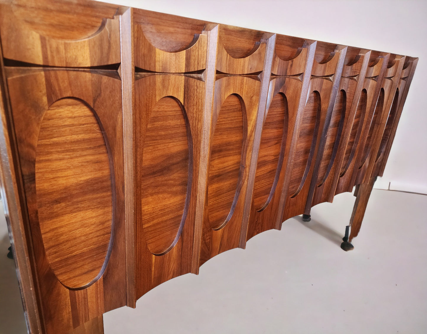 RESTORED Mid Century Modern Walnut Brutalist Headboard and 2 Nightstands or Side Tables