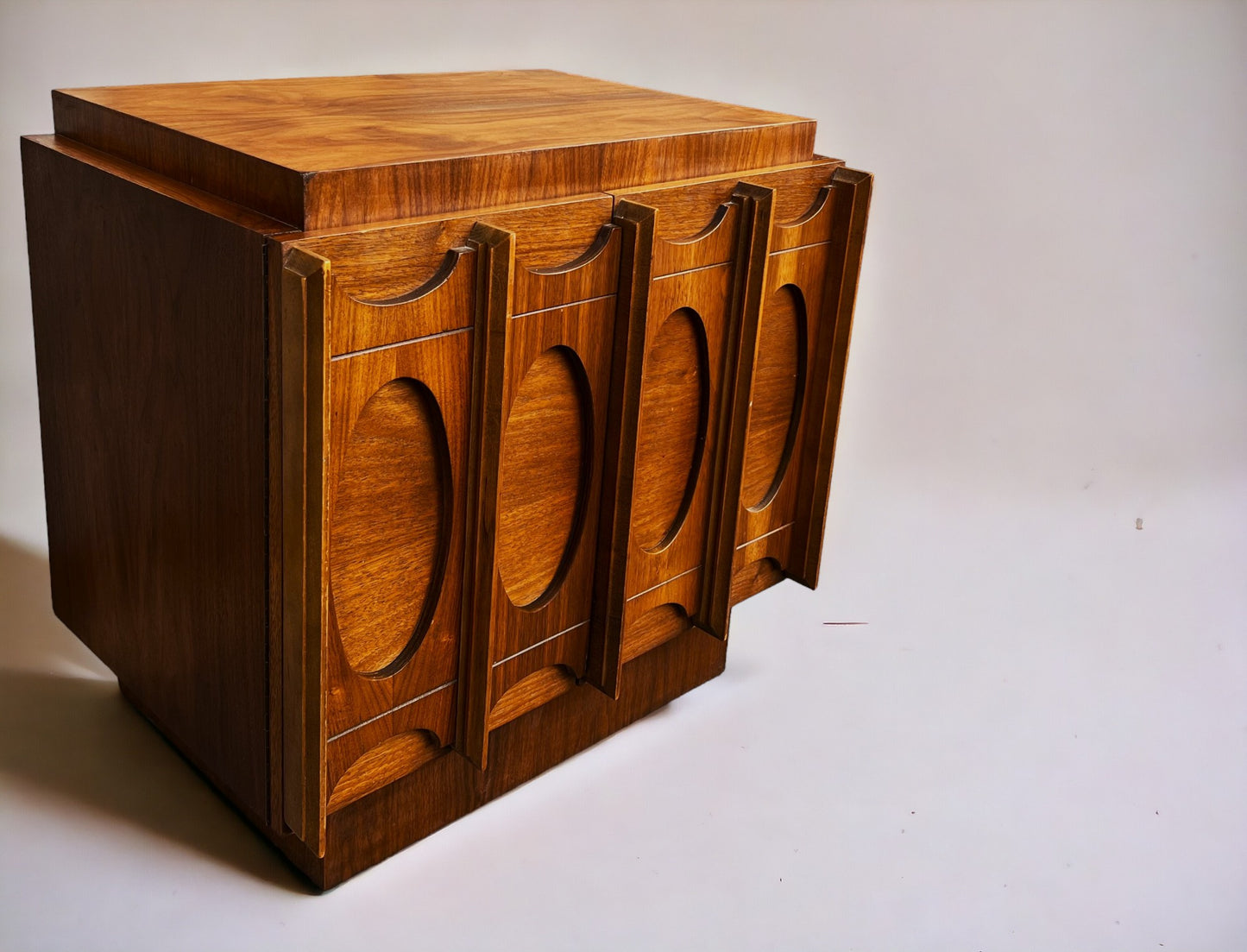 RESTORED Mid Century Modern Walnut Brutalist Headboard and 2 Nightstands or Side Tables