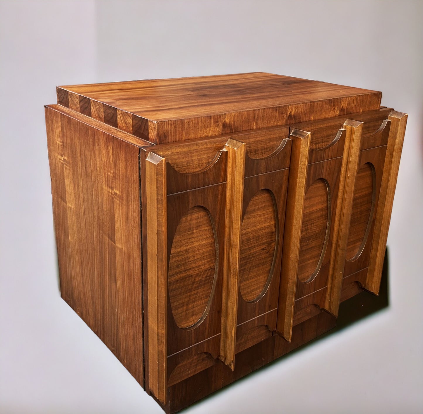 RESTORED Mid Century Modern Walnut Brutalist Headboard and 2 Nightstands or Side Tables