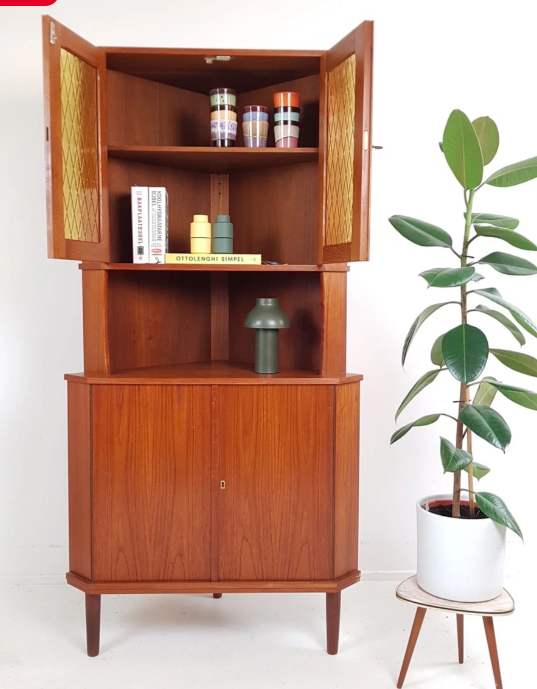 RESTORED Danish Mid Century Modern Teak Corner Cabinet w Bar