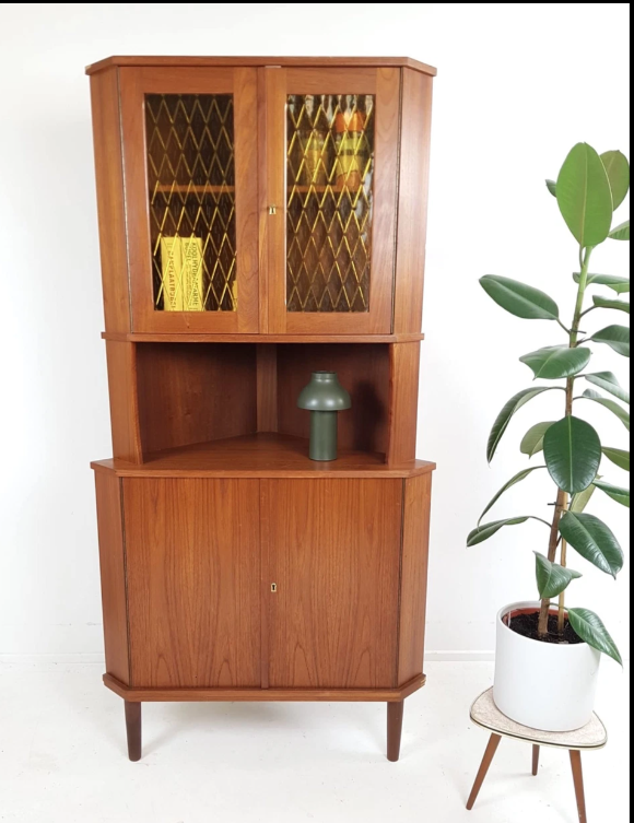 RESTORED Danish Mid Century Modern Teak Corner Cabinet w Bar